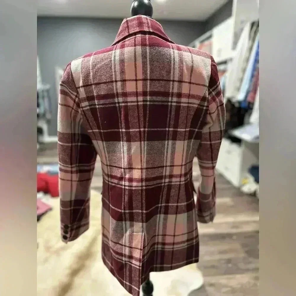 7 FOR ALL MANKIND Women Size S Pink/Red Plaid Double Breasted Peacoat Jacket - Picture 4 of 7